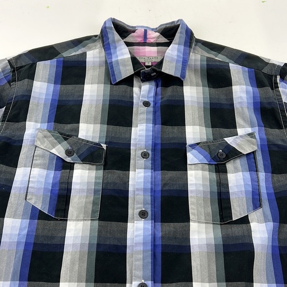 Ted Baker men's black plaid button down shirt size 5 - Picture 5 of 11